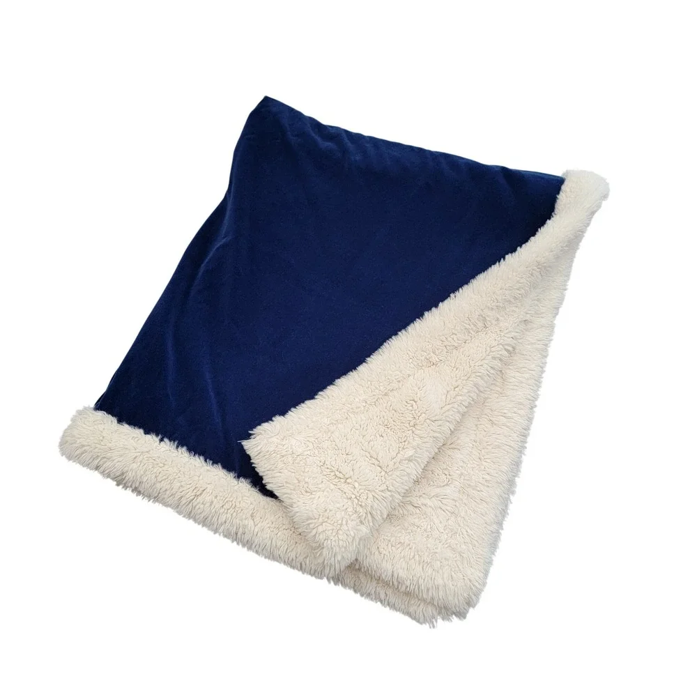 PBteen Pottery Barn Throw Blanket Navy Blue 60 x 47 Cotton Sherpa Faux Fur Trim